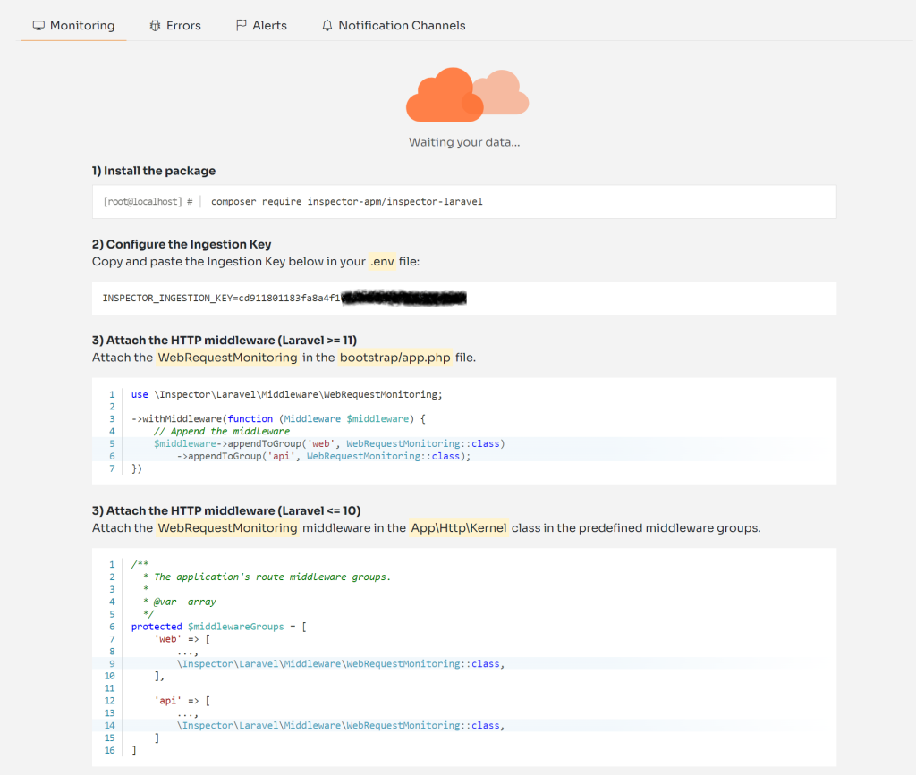 laravel application monitoring package install
